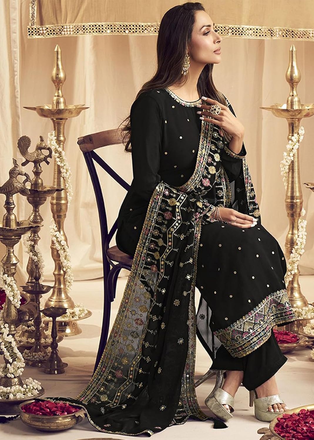 TRENDMALLS Women's Georgette Embroidery Sequence Work Kurta Pant with Dupatta Set For Women