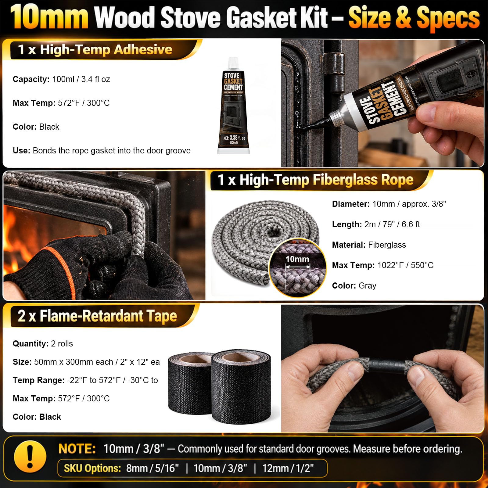 Kit di guarnizioni per stufe a legna, 10 mm, corda con adesivo ad