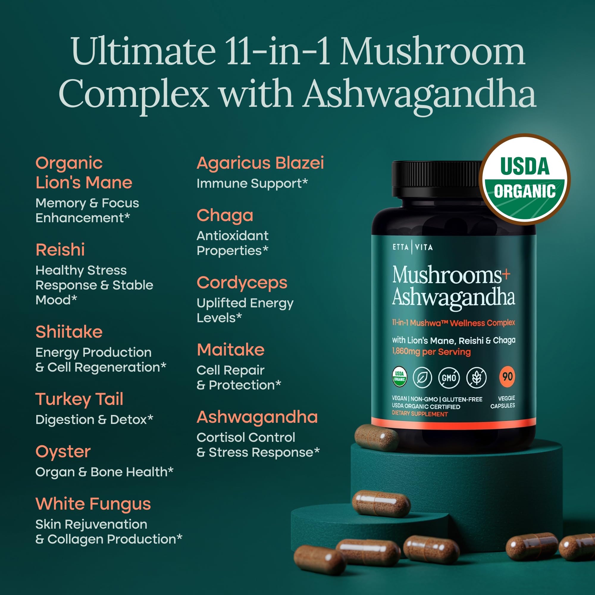 USDA Organic Lions Mane Supplement Capsule, 11-in1 Mushroom Complex 90ct — Amazon image 2