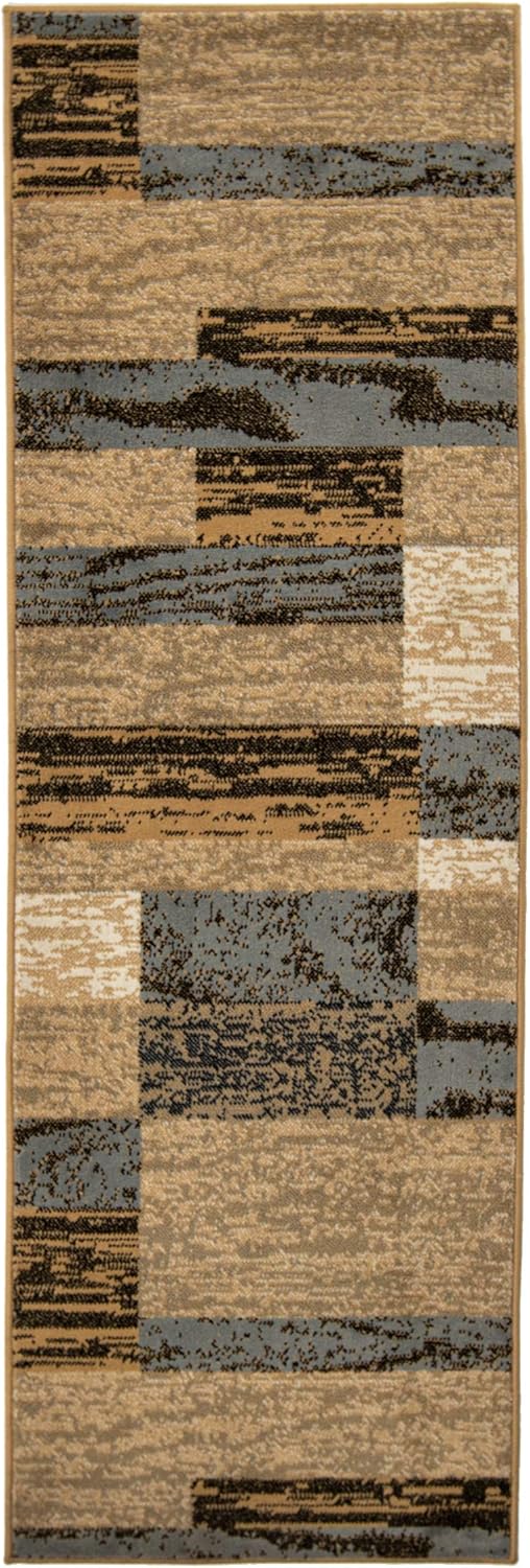 SUPERIOR Indoor Runner Rug, Jute Backed, Modern Geometric Patchwork Floor Decor for Bedroom, Office, Living Room, Entryway, Hardwood Floors, Rockwood Collection - 2ft7In x 8ft, Light Blue-Beige 2ft7In x 8ft Light Blue-beige