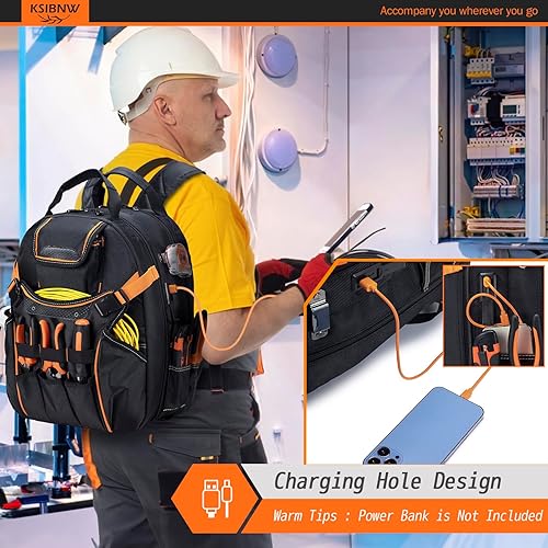 Miniatura 3 de KSIBNW Mochila de herramientas resistente para hombres, bolsas organizadoras de 45 bolsillos con compartimento para laptop, portaherramientas