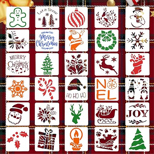 30 plantillas de Navidad, plantilla de pintura reutilizable, múltiples patrones, plantillas de decoración, pintura en madera para manualidades,