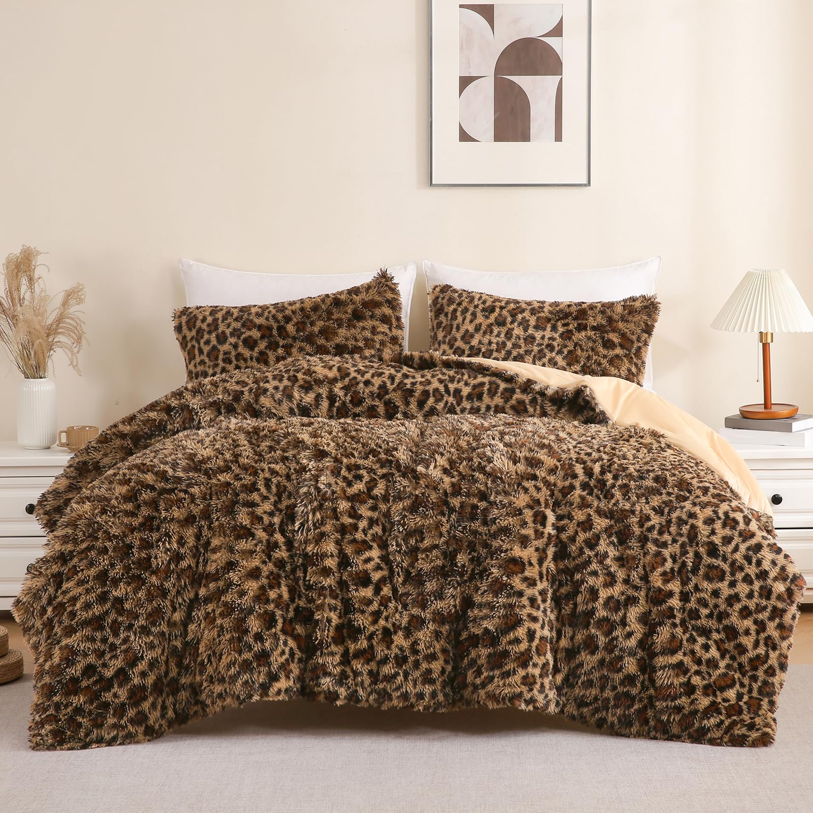 Cheetah Print Fluffy Faux Fur Comforter Set Queen Size
