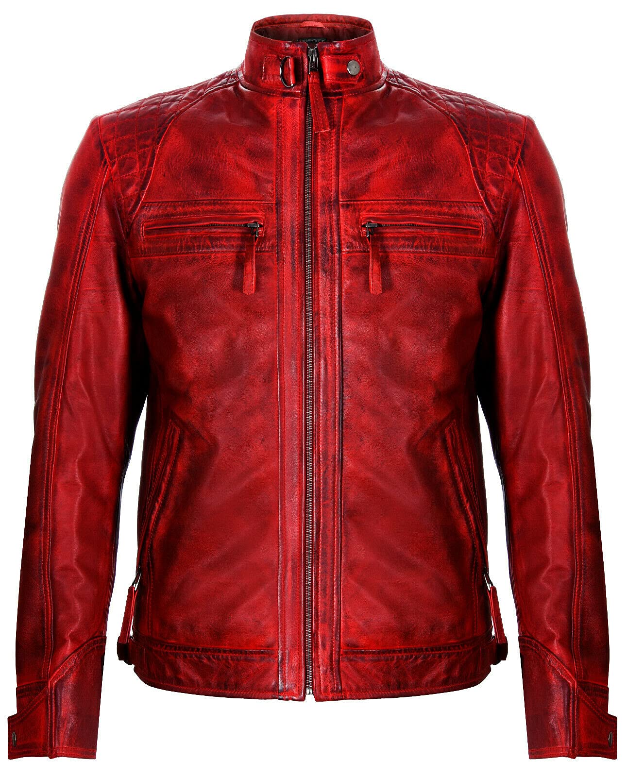 Men's Vintage Red Leather Retro Jacket Classic Racing Quilted Biker Moto Fashion Jacket L