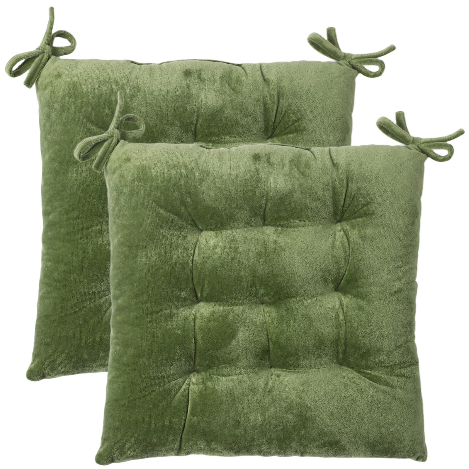 2 Pcs Chair Cushions, Thick Solid Crystal Velvet Seat Pads with Secure Ties, 15 x 15 x 2.8 in Comfortable Kitchen Seat Cushions, Soft Cotton Filled, Ideal for Office, Living Room & Dining (Green)