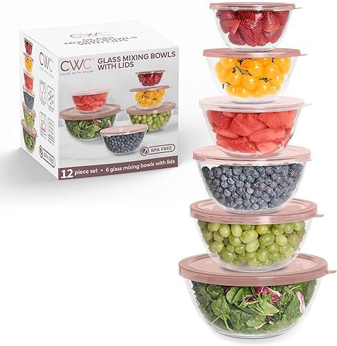 Miniatura 13 de COOK WITH COLOR Juego de 12 tazones de mezcla de vidrio con tapas – Tazones anidables de vidrio borosilicato para cocinar, hornear y preparación de
