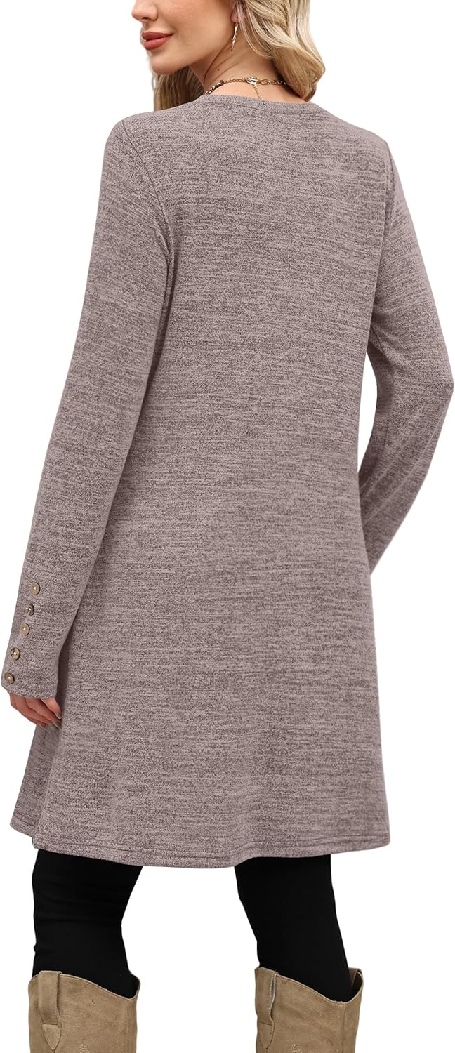 OFEEFAN Long Sleeve Dress for Women Crew Neck Tunic Dress with Pockets Decorative Buttons - Image 4