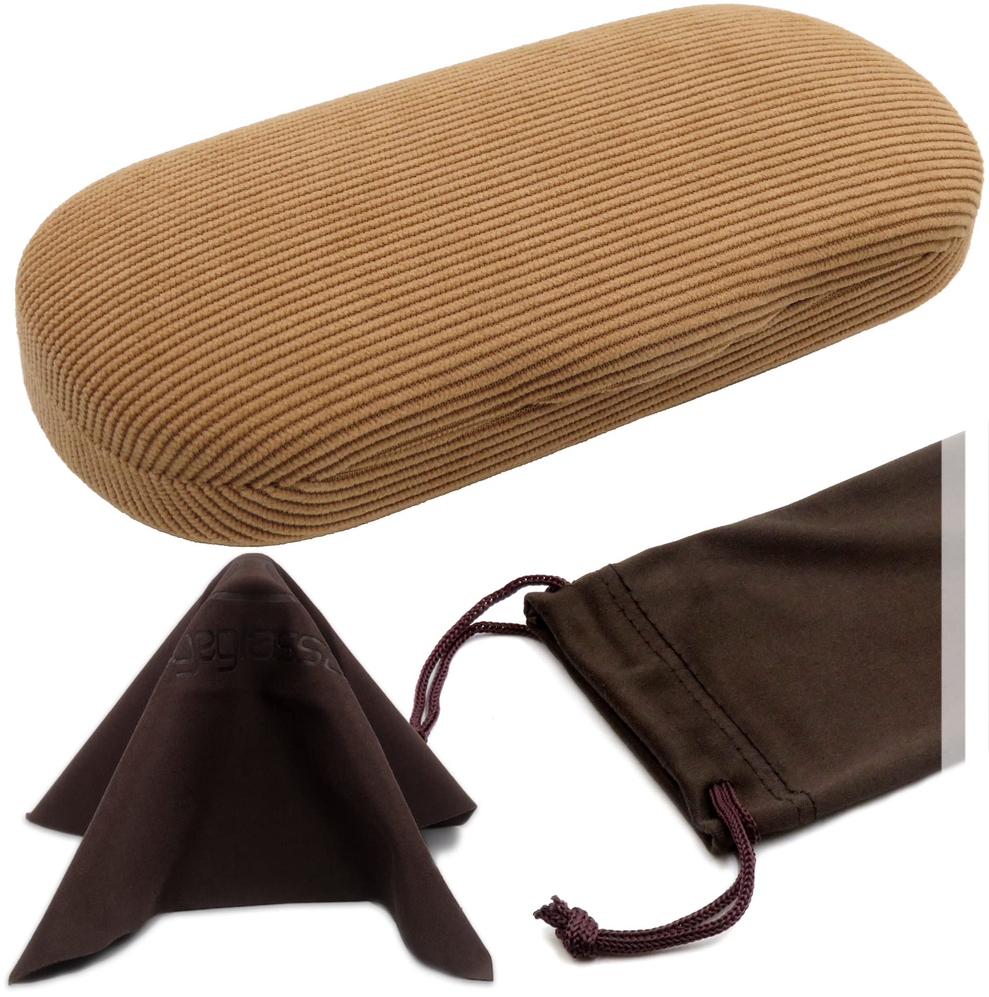 MyEyeglassCase Glasses Case Hard Shell for Small - Medium Frames - Eyeglass Clam Shell Hard Men &amp; Women - Travel Eyewear Holder with Cleaning Fabric Cloth - Protective Storage (AS196 Corduroy Beige)