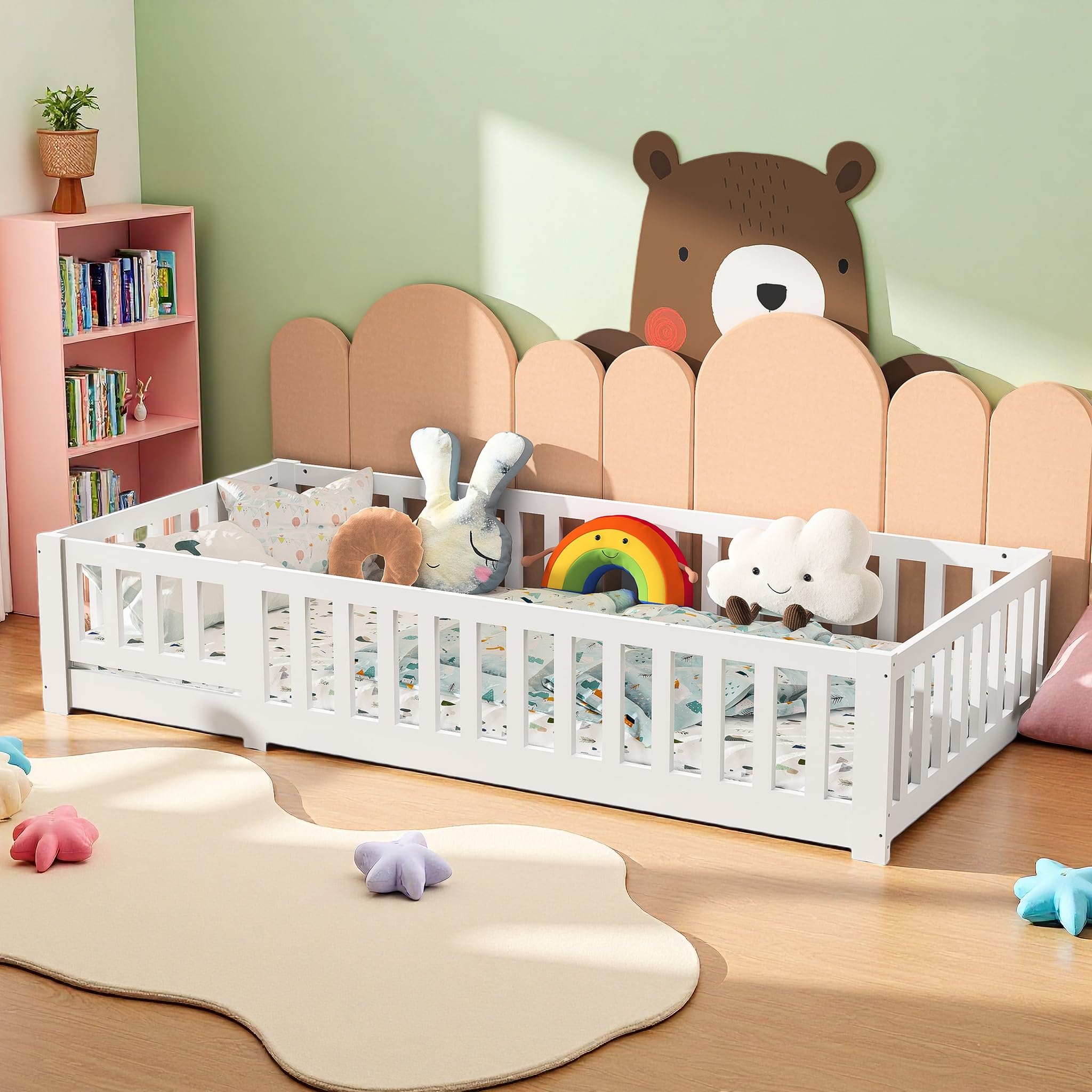 Kinderbett Bodenbett 90x200 cm, Montessori Kinder Bett mit Rausfallschutz & Lattenrost, Babybett Jugendbett Einzelbett für Jungen & Mädchen aus Kiefer Massivholz, Ohne Matratze, Weiß