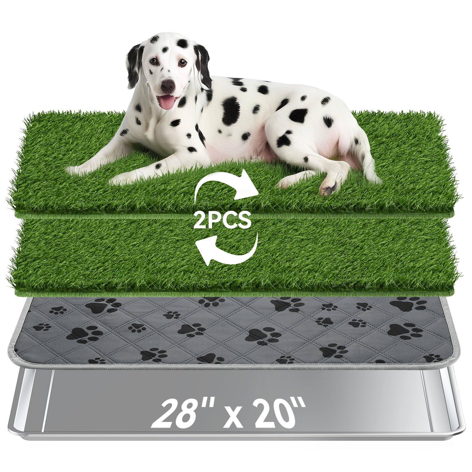 Stainless Steel Dog Grass Pad with Tray, 28'' x 20'' Dog Litter Box with 2pcs Reusable Artificial Grass Mats, Dog Grass Potty Tray with Washable Dog Pee Pad for Balcony Indoor Outdoor Use