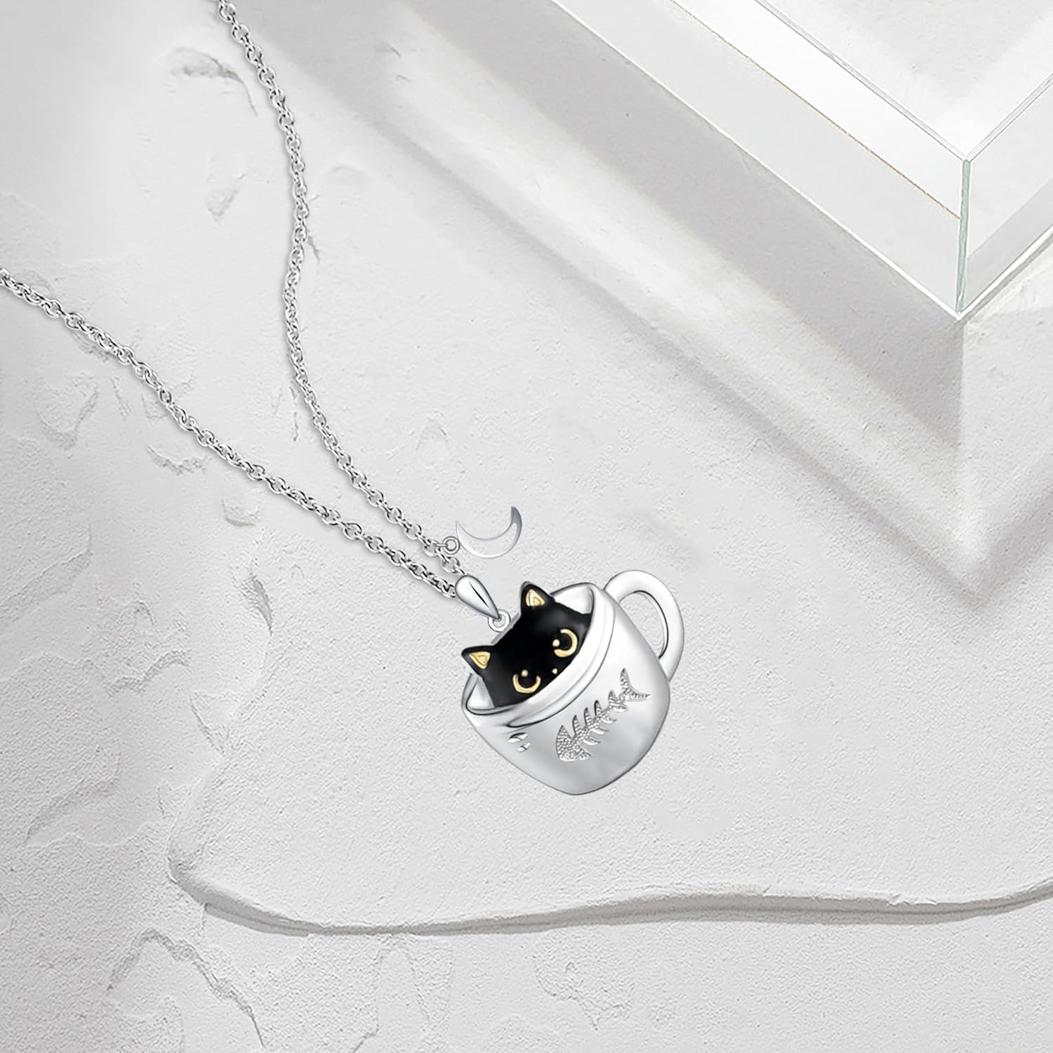 Black Cat and Moon Silver Pendant Necklace for Women - Cat Lover Jewelry Gift for Birthday Party - Image 2