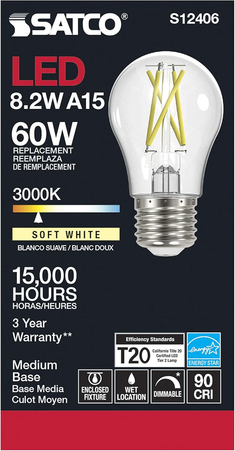 SATCO S12406 Vintage Dimmable LED Filament Bulbs High Lumens 8.2 Watt 120 Volt A15 Soft White Light 3000K (6 LED Light Bulbs)