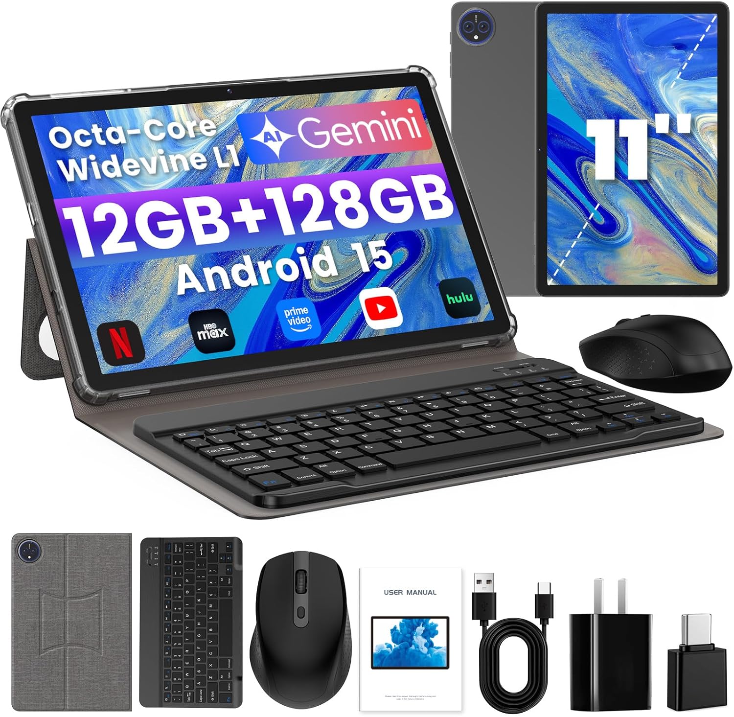 Tablette, Android 15 tablettes 11 pouces avec clavier/étui, 10 Go de RAM, 128 Go de stockage extensible à 2 To, octa-core, 12 h de batterie, tablettes 2 en 1 avec souris pour apprendre, jouer, streaming
