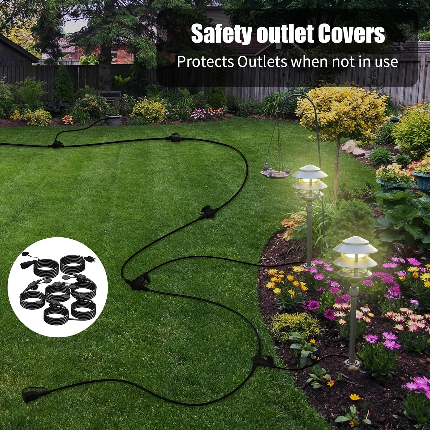 50Ft Outdoor Extension Cord - Evenly Spaced 6 Outlets Plugs with Safety Cover, 16/3 SJTW Weatherproof Multi Outlet Extension Cord for Landscape, Halloween, Holiday Decor, ETL Listed (Black)