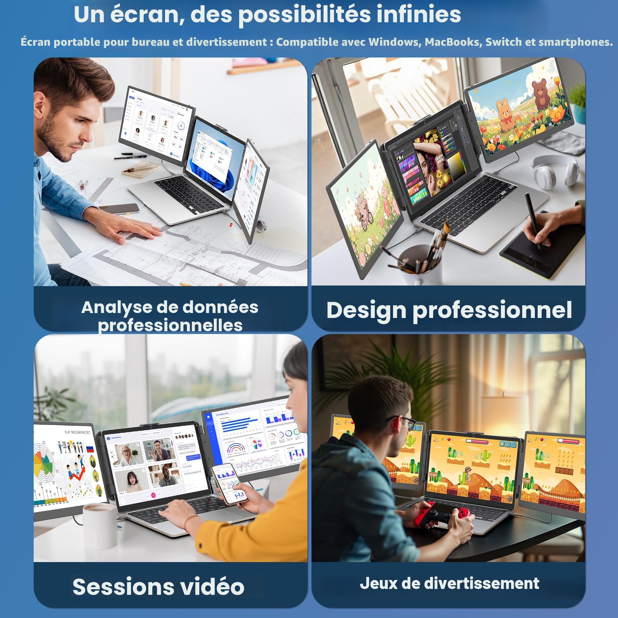 KEFEYA 2K Écran Portable 2160P 2160x1440P QHD, Moniteur Portable 14" Plug & Play Triple Moniteur Ordinateur Portable Rapport Contraste 1500:1 pour Windows, Mac, Chrome, Android avec 13.3 "-17"