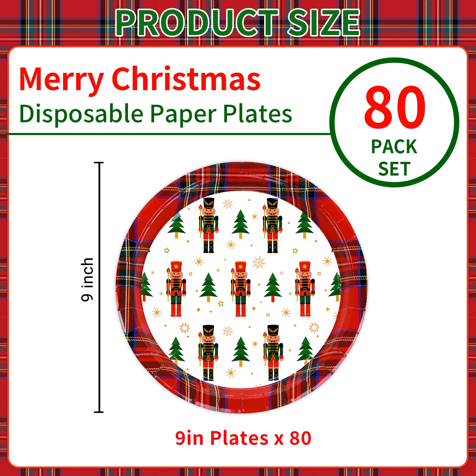 DYLIVeS Christmas Paper Plates, 80 Count Xmas Decorative Party Plates Tartan Plaid with Nutcrackers Christmas Tree Disposable Dinner Plates 9 inch Xmas Supplies for Birthday Cocktail Christmas Party