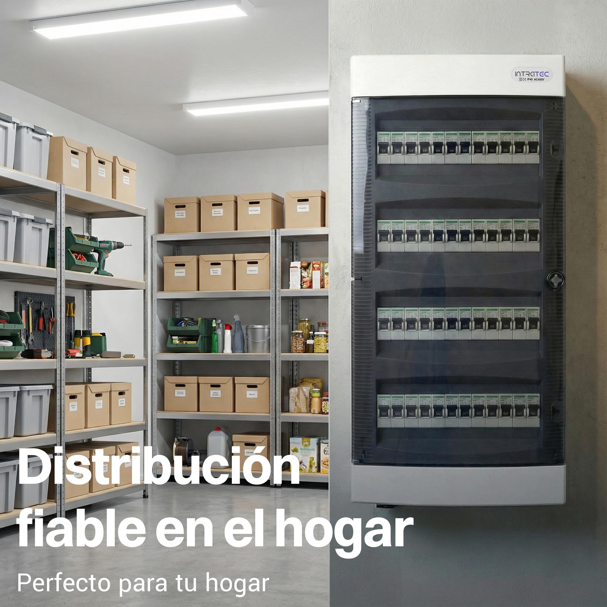 Intratec Caja de Distribución Empotrada 4 Fila – Caja de Distribución IP40 para 48 Módulos con Puerta Transparente y Riel para Instalación Eléctrica Fácil en Casa y Negocios – 676 x 283 x 106mm