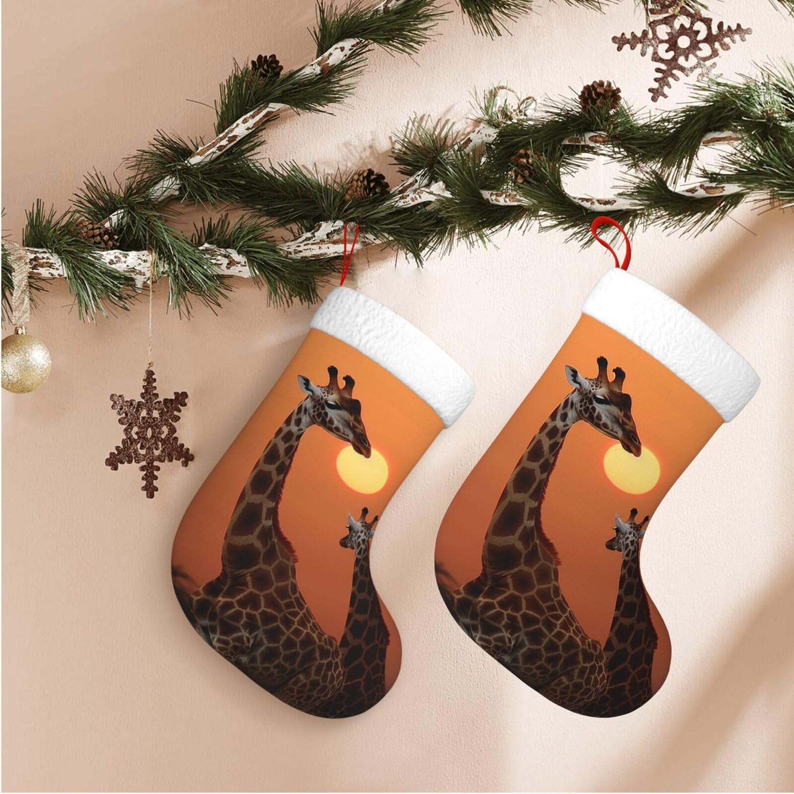 17.7" Christmas Stocking 1 Piece, Giraffe at Sunset Xmas Stockings with White Plush Cuff Fireplace Hanging Stocking for Christmas Holiday Party Decoration