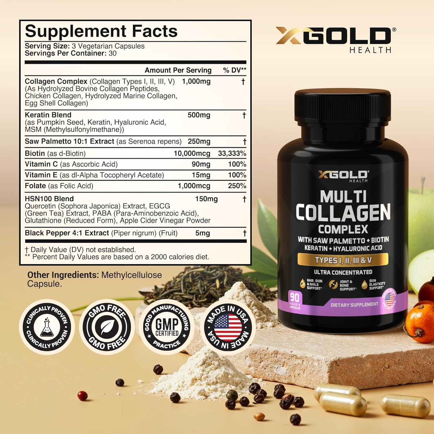 X Gold Health Collagen Complex, Types I, II, III, V, Biotin 10,000 mcg, Keratin, Hyaluronic Acid, Saw Palmetto, Vitamins C & E Advanced HSN Formula for Men & Women 90 Vegan Capsules