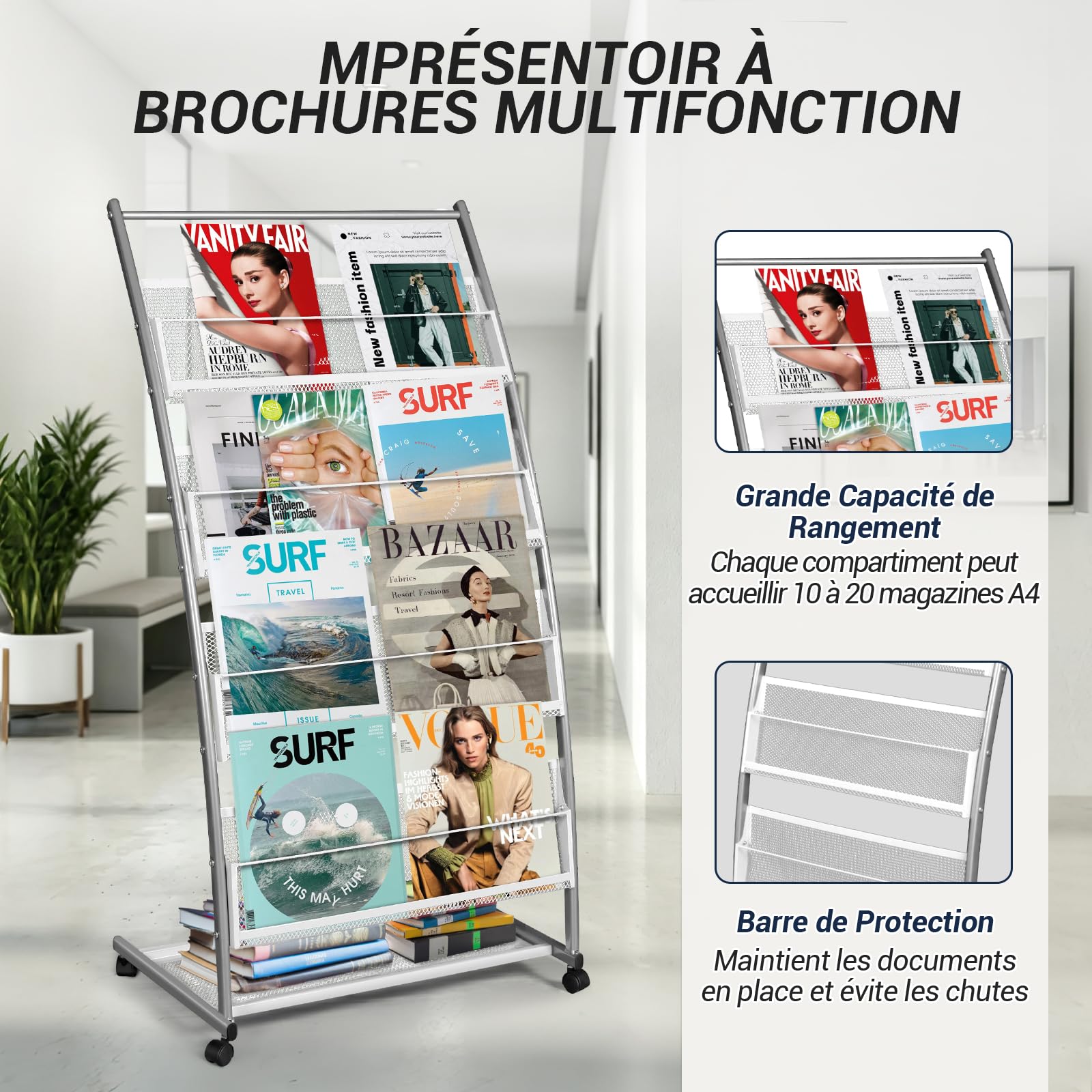 SUNDOY Espositore con opuscoli e giornali su piedistallo, supporto inclinato per libri, riviste e cataloghi con 4 ripiani (argento, 4 strati, 59 cm di larghezza)