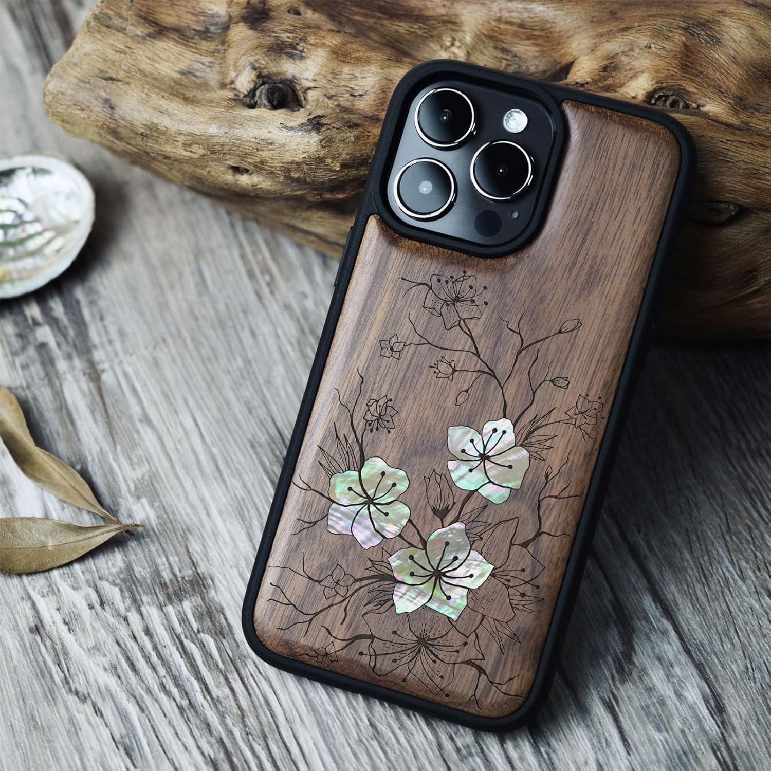 Carveit Designer Wooden Protective Magnetic Case for iPhone 14 Pro Case [Wood Engraving & Shell Inlay] Compatible with 14 Pro MagSafe (Whispering Sakura Blooms-Walnut)