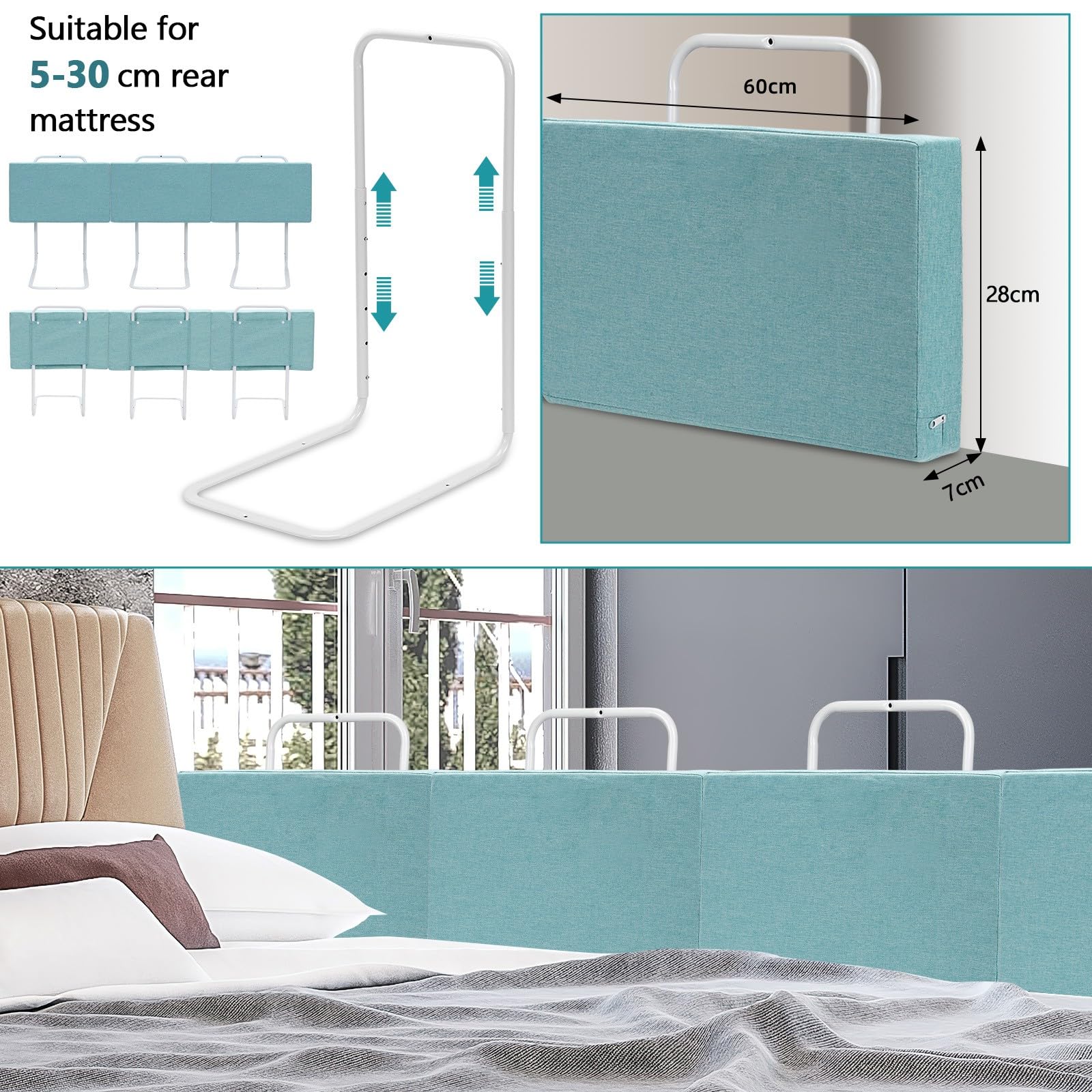 2 griglie per letto per bambini, 60 x 28 cm, griglia di protezione per letto a 5 fori, regolabile in altezza, protezione da caduta, letto per bambini, rete pieghevole, facile da montare, verde