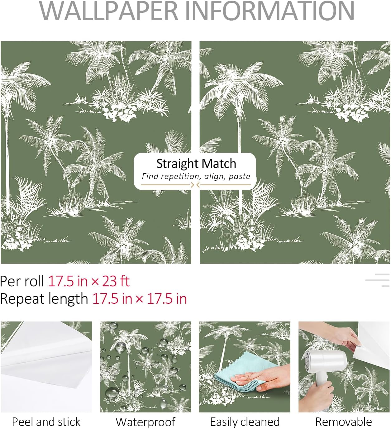 ReWallpaper 17.5in x 23ft Palm Tree Wallpaper Green Tropical Peel and Stick Wallpaper Waterproof Botanical Self Adhesive Wall Mural Jungle Leaf Accent Wall Decor for Living Room Bedroom Laundry Room
