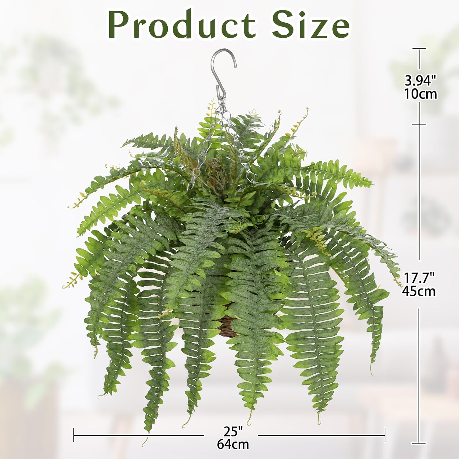 Hollyone 25" Artificial Boston Fern Hanging Basket 31 Leaves Fake Ferns in Rattan Pot Medium Greenery Plants for Outdoors & Indoor Faux Fern Bush Basket Plant Patio Garden Home Decor Dusty Green - Image 3
