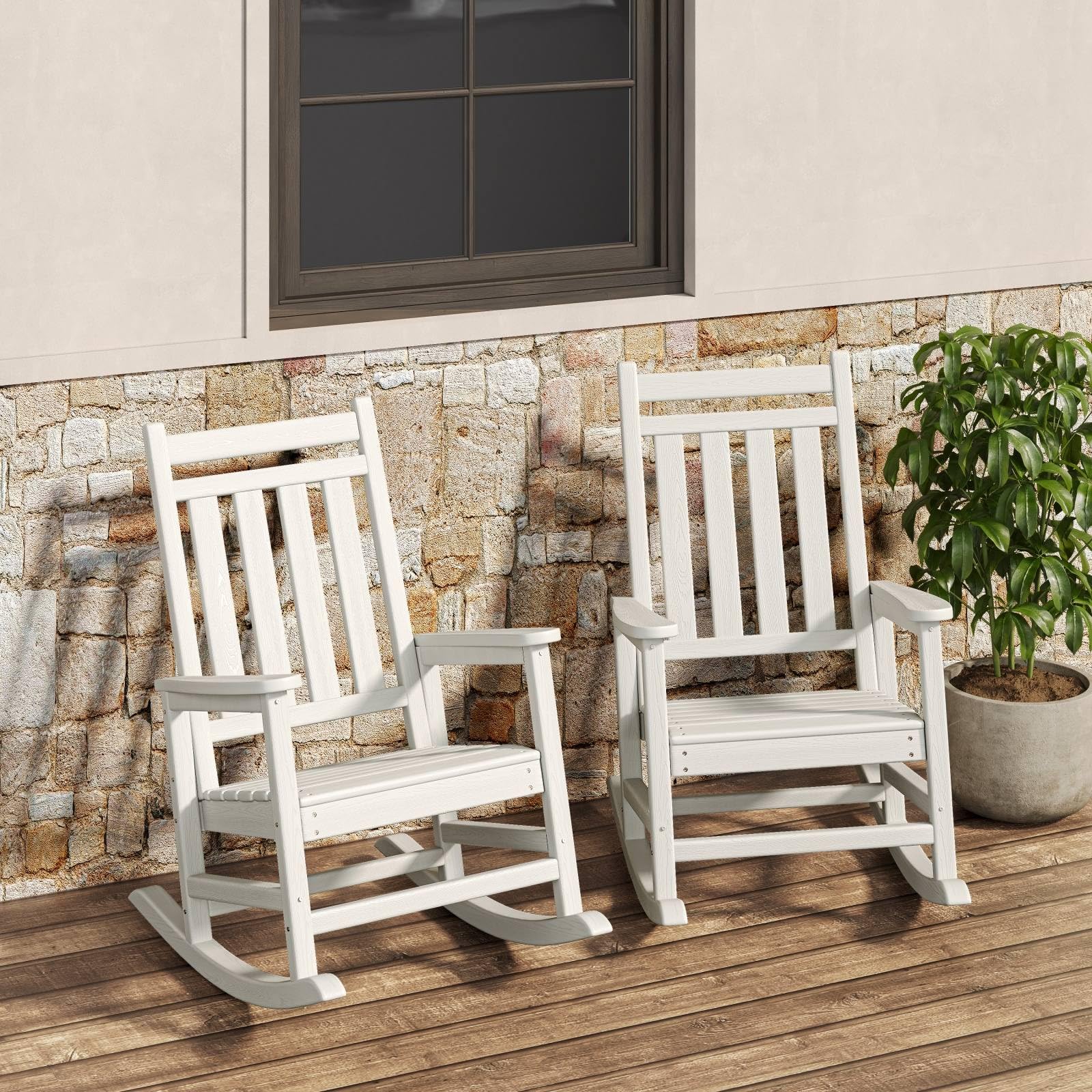 Condition photo showing New/Like New for HDPE Rocking Chair Outdoor Set of 2 - Poly High Back Porch Rocker Chairs for Adults - All Weather Resistant Furniture for Patio Front Porch - White