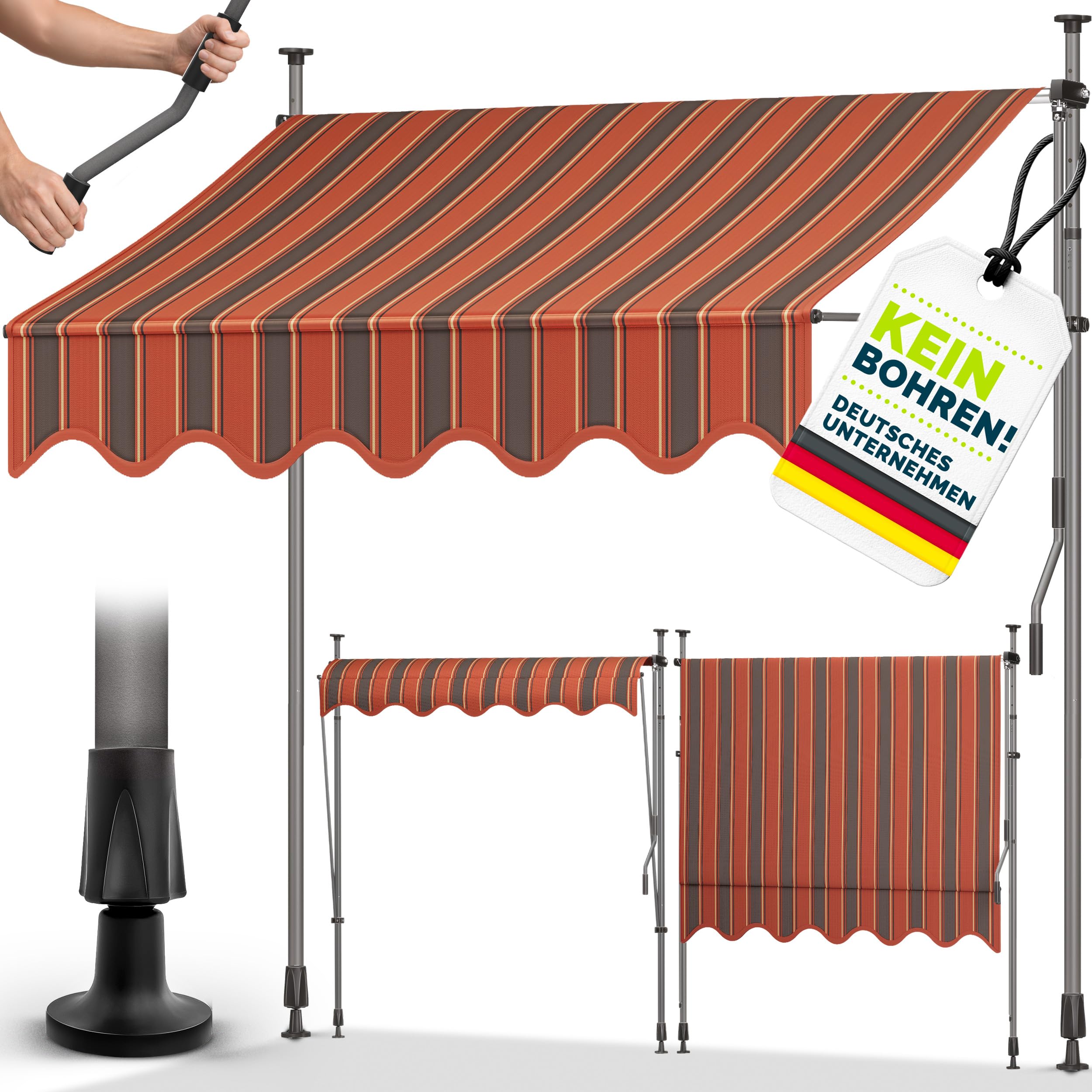 tillvex Klemmmarkise mit Handkurbel Balkon | Balkonmarkise ohne Bohren | Markise UV-beständig & höhenverstellbar | Sonnenschutz Terrasse & Garten wasserdicht (Orange-Anthrazit, 150cm)