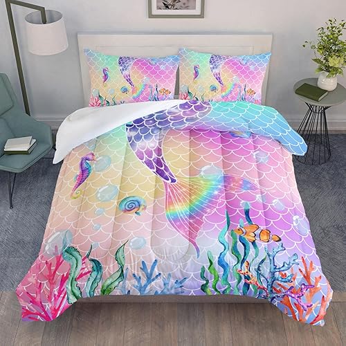 Miniatura 4 de Datura home Juego de edredón de cama con estampado de cola de sirena rosa arcoíris con 1 y 2 fundas de almohada para dormitorio de niñas para todas