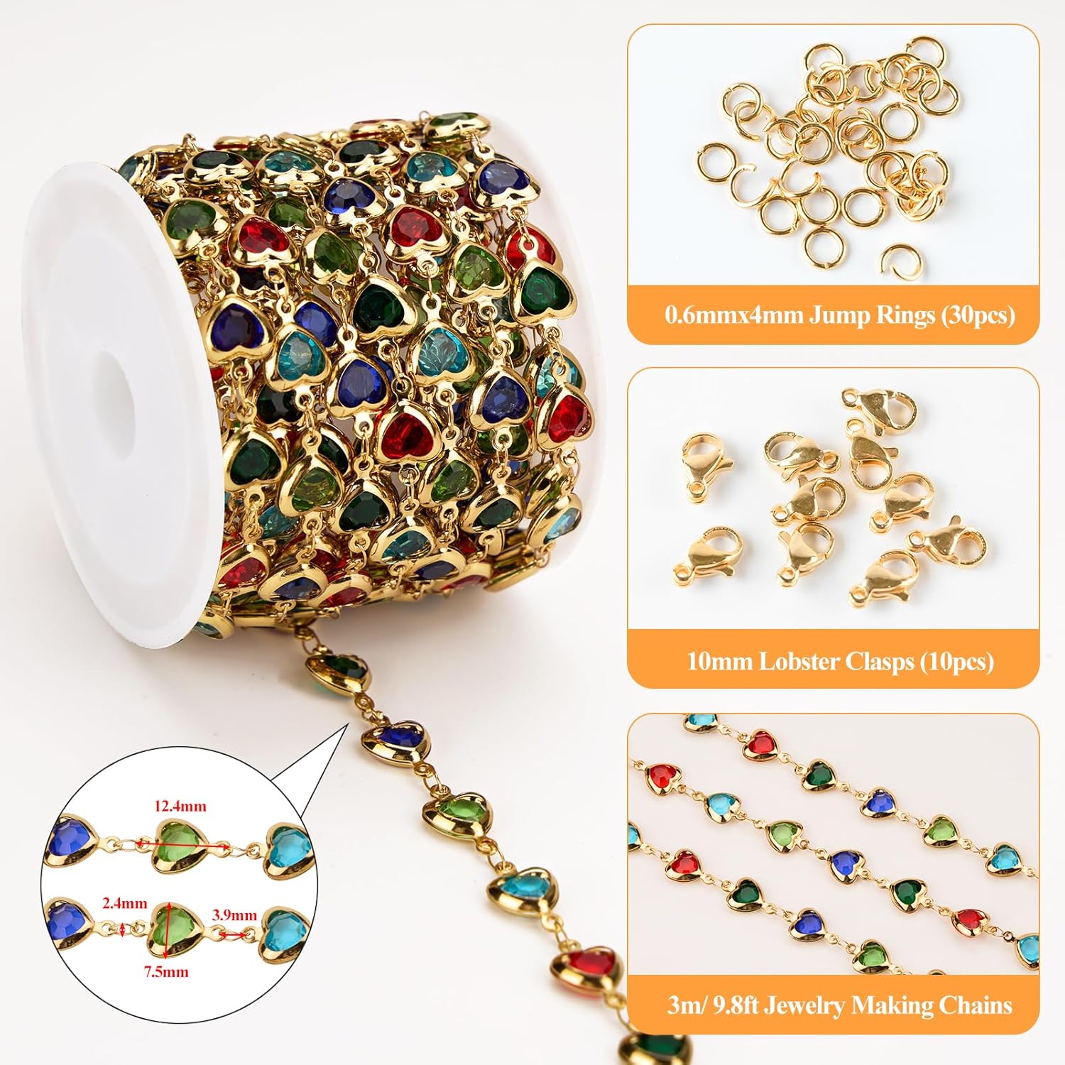 YOUBEIYEE 9.8 Feet Colorful Rhinestone Heart Chain for Jewelry Making Gold Plated Stainless Steel Chains DIY Craft Chain Roll