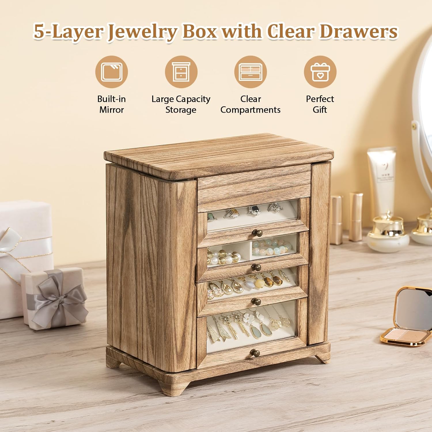 Large Jewelry Box & Organizer for Women, Wooden Jewelry Storage with 4 Transparent Drawers, Holds Necklaces, Rings, Bracelets, Earrings and Watches(Brown)