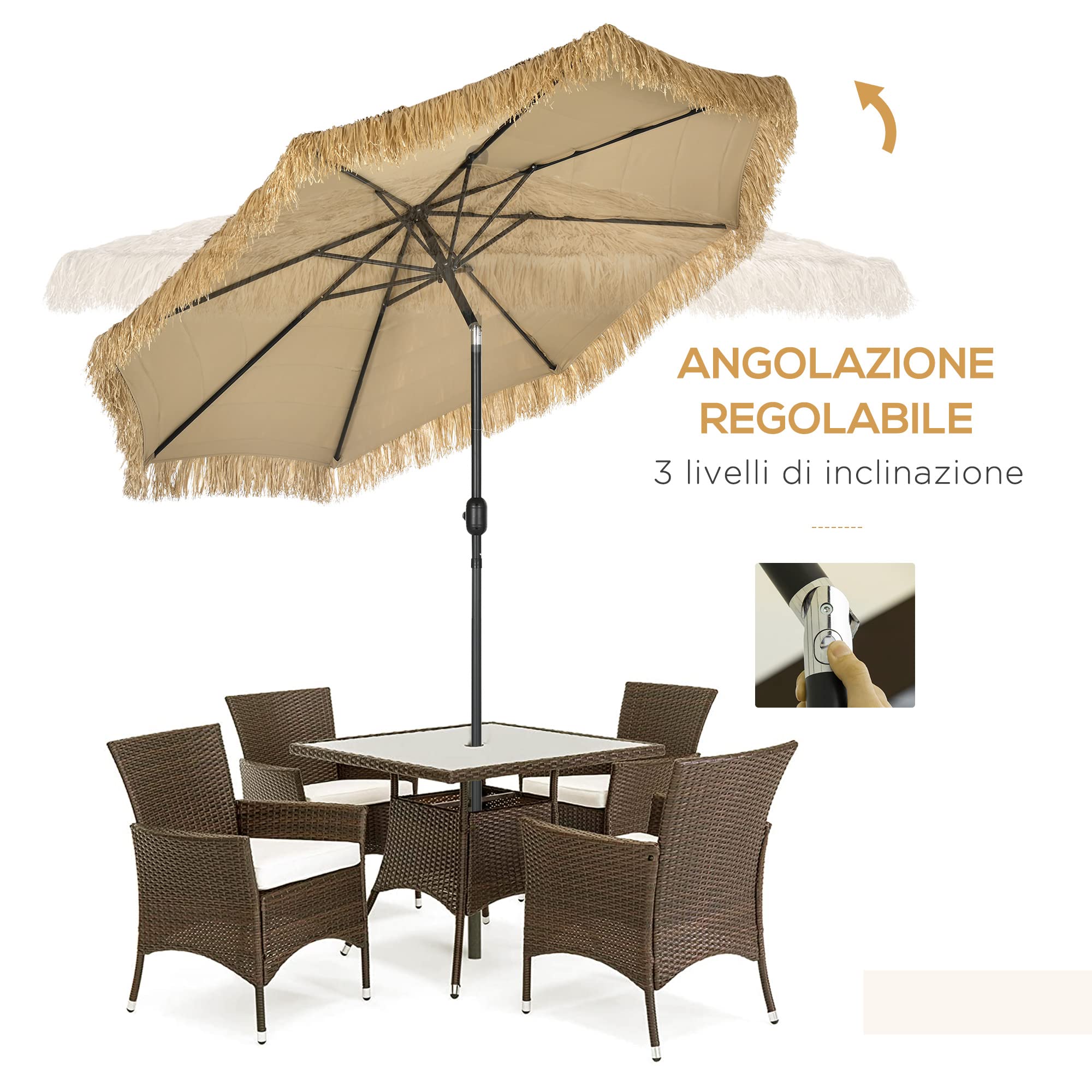 Outsunny Ombrellone da Giardino 2.6x2.6m Inclinabile con Manovella Cachi | Reclinabile, Ombrellone da Esterno Rotondo Hawaiano, 8 Stecche, Alluminio e Poliestere, per Cortile Balcone Terrazzo