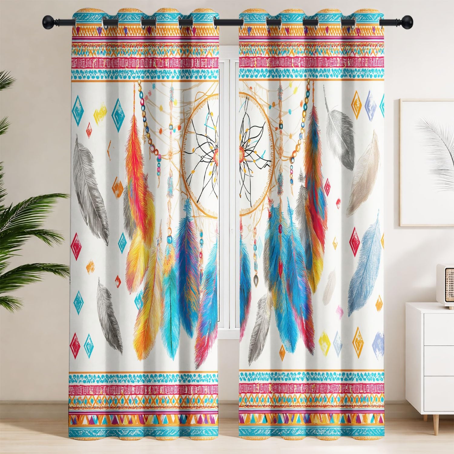 Generisch Traumfänger Feder Geometrisch Ösenvorhang für das Schlafzimmer B 91.5 x H 214 cm, Boho Exotisch Polyester Thermovorhang und Verdunkelungsvorhang, 2er-Set