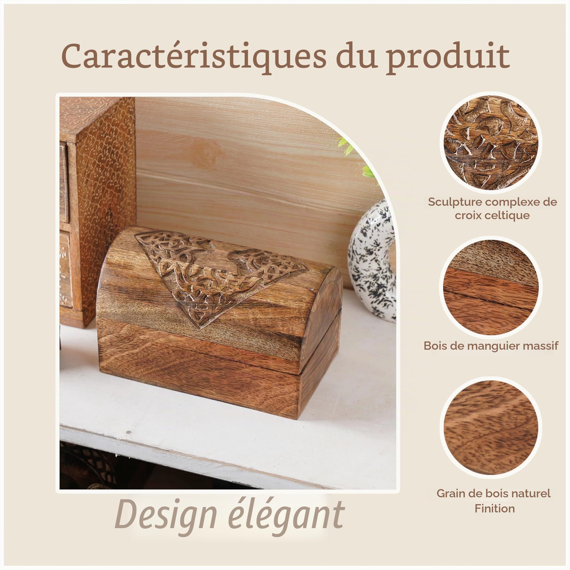 Ajuny Boîte à Bijoux en Bois de Manguier Sculpté – Coffret Décoratif Arbre de Vie Celtique, Fait Main, Organisateur Bijoux & Souvenirs, Grande Boîte 23 x 15 x 15 cm (9 x 6 x 6 po), Idée Cadeau