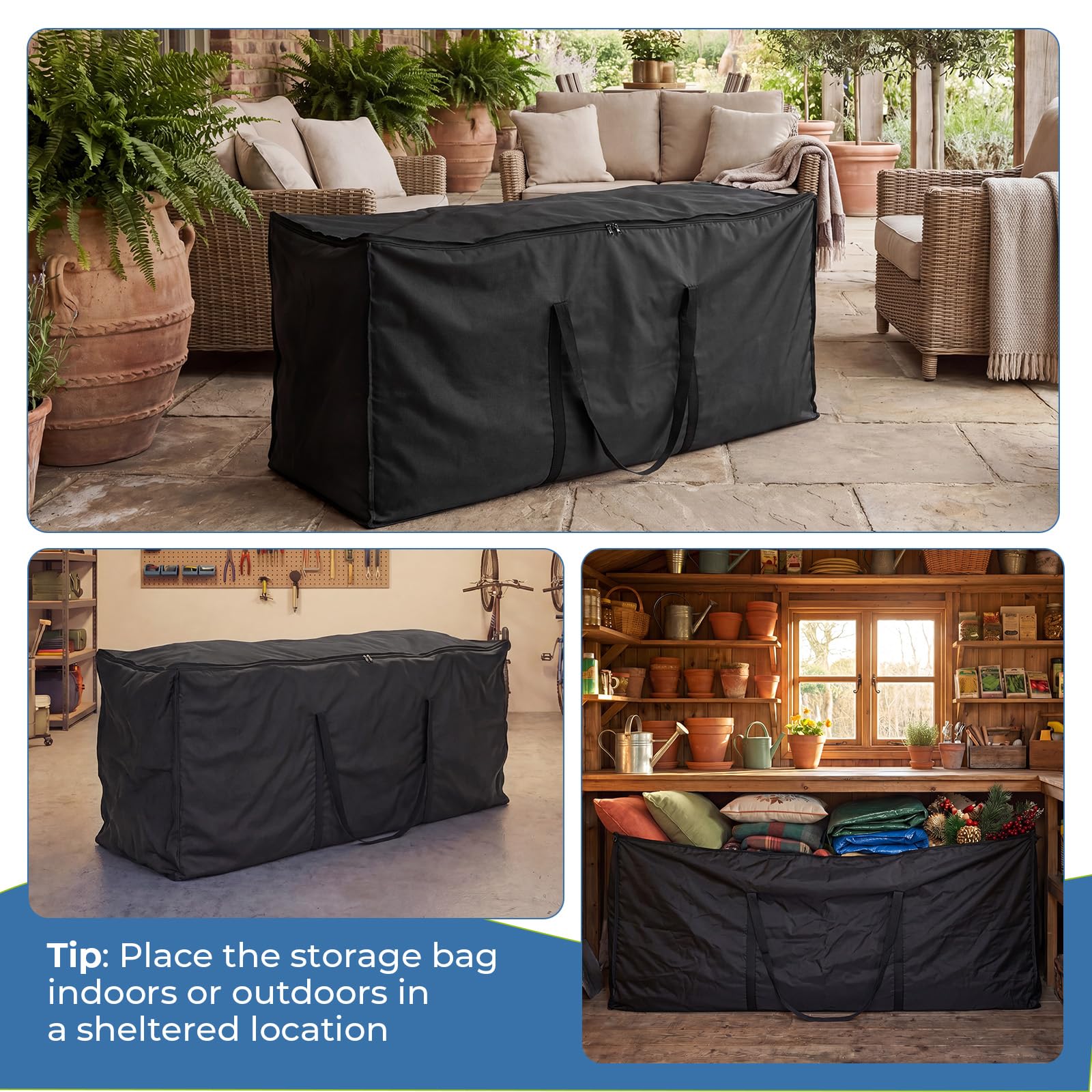 GARPROVM XXL Aufbewahrungstasche für Gartenpolster & Auflagen | Outdoor Gartenauflagen Aufbewahrungstasche Weiche Auflagentasche 420D Oxford Gewebe Wasserabweisend & Staubdicht | 200x60x80cm