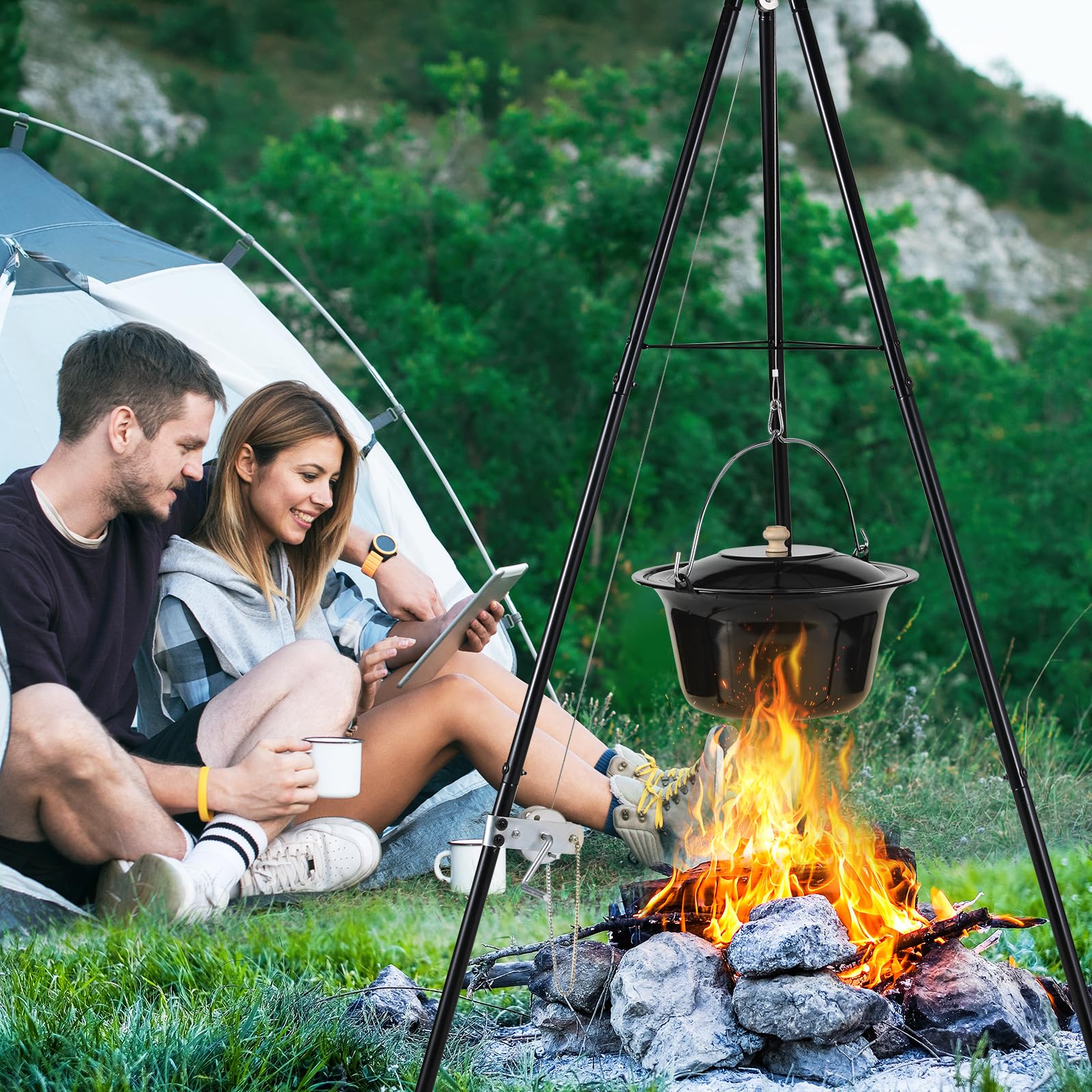TLSUNNY Bollitore per Gulasch Ungherese Originale 10 L, Telaio per Treppiede con Regolazione, Set di Pentole per Gulasch, Pentola per Gulasch Smaltata, Treppiede Telescopico con Picchetti per Picnic