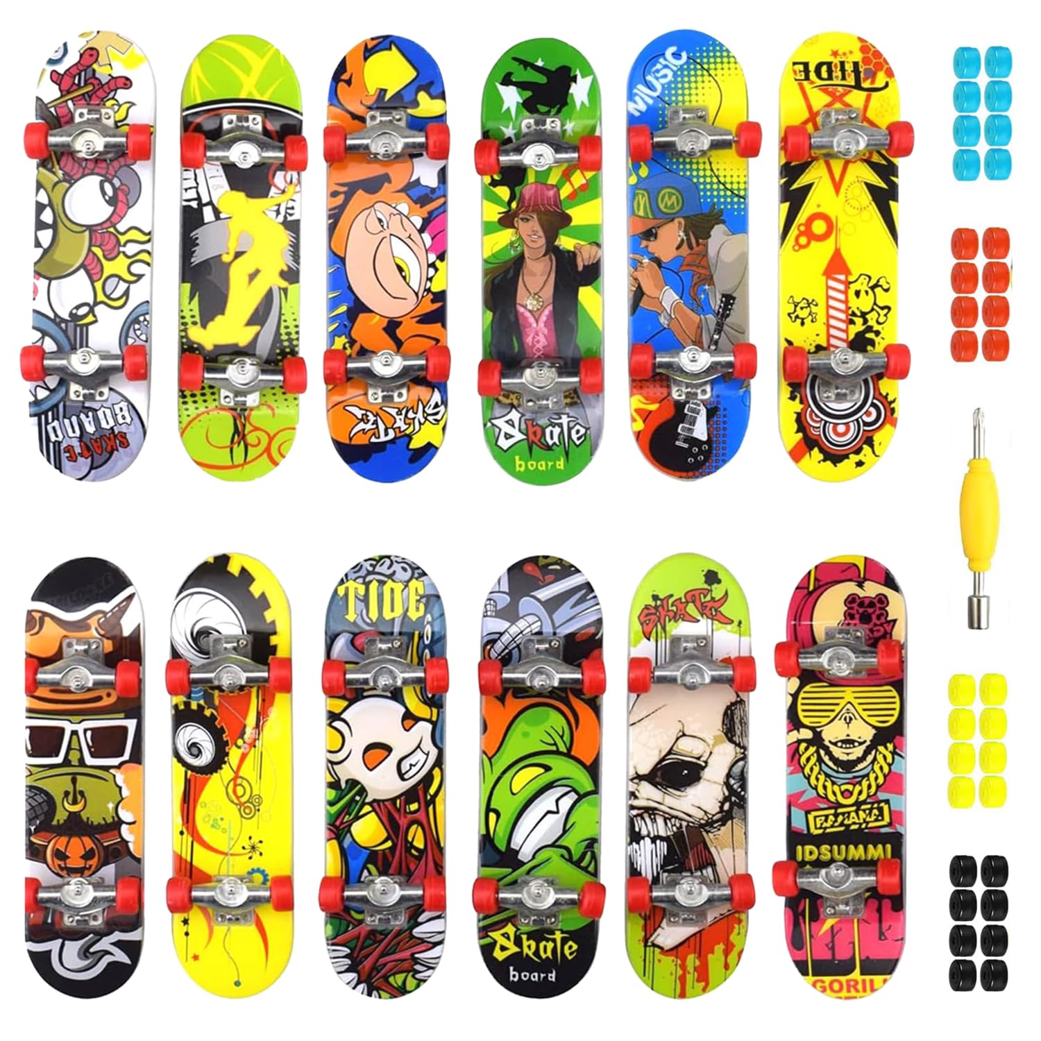 12 Pcs Finger Mini Skateboard, Finger Toy Skateboard with 32 Interchangeable Wheels and Mini Screwdriver, Fingerboards for Kids Party Favours Bag Fillers Children Gift