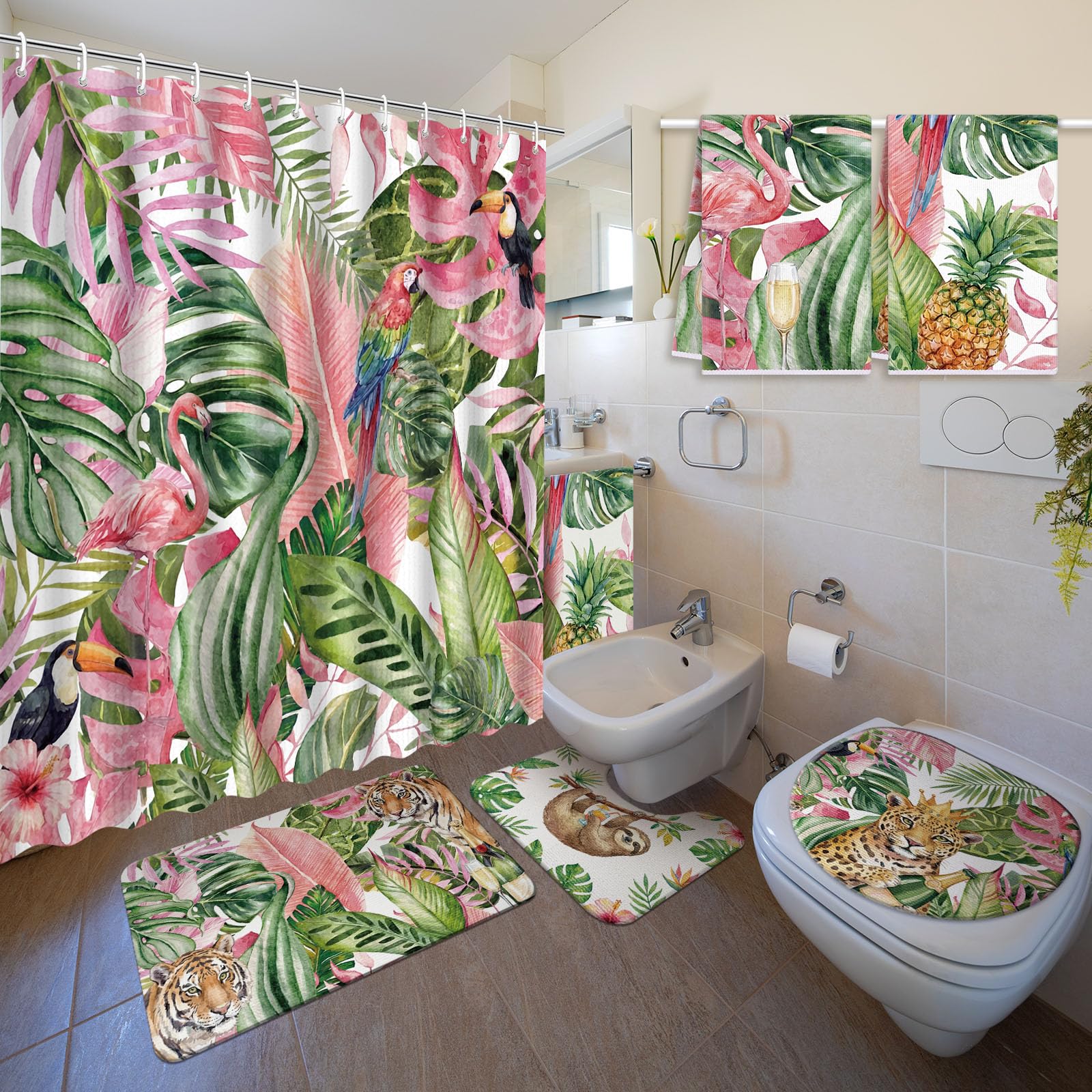 Nuanchu 6 Pcs Summer Tropical Shower Curtain Set with Rug Tropical Bathroom Sets with Shower Curtain Bath Mat U Shaped Mat Toilet Lid Cover 2 Bath Towels and 12 Hooks Summer Bathroom Decor