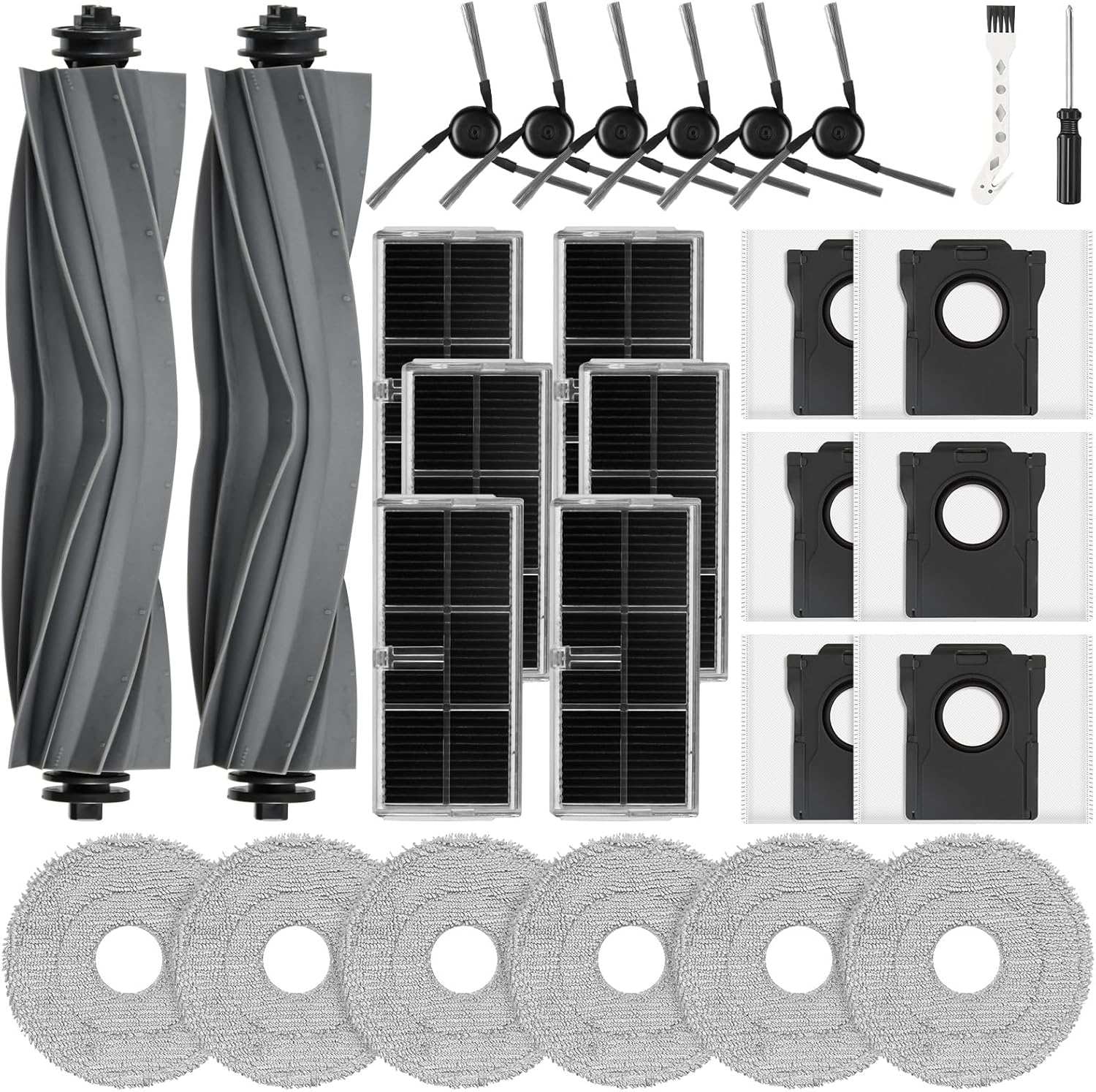 28PCS Replacement Parts for Dreame X40 Ultra/L40 Ultra/X40 Master/Mova P10 Pro Ultra/Mova P50 Pro Ultra, 2 Main Brushes, 6 Side Brushes, 6 Mop Pads, 6 HEPA Filters, 6 Dust Bags, 2 Cleaning Tool