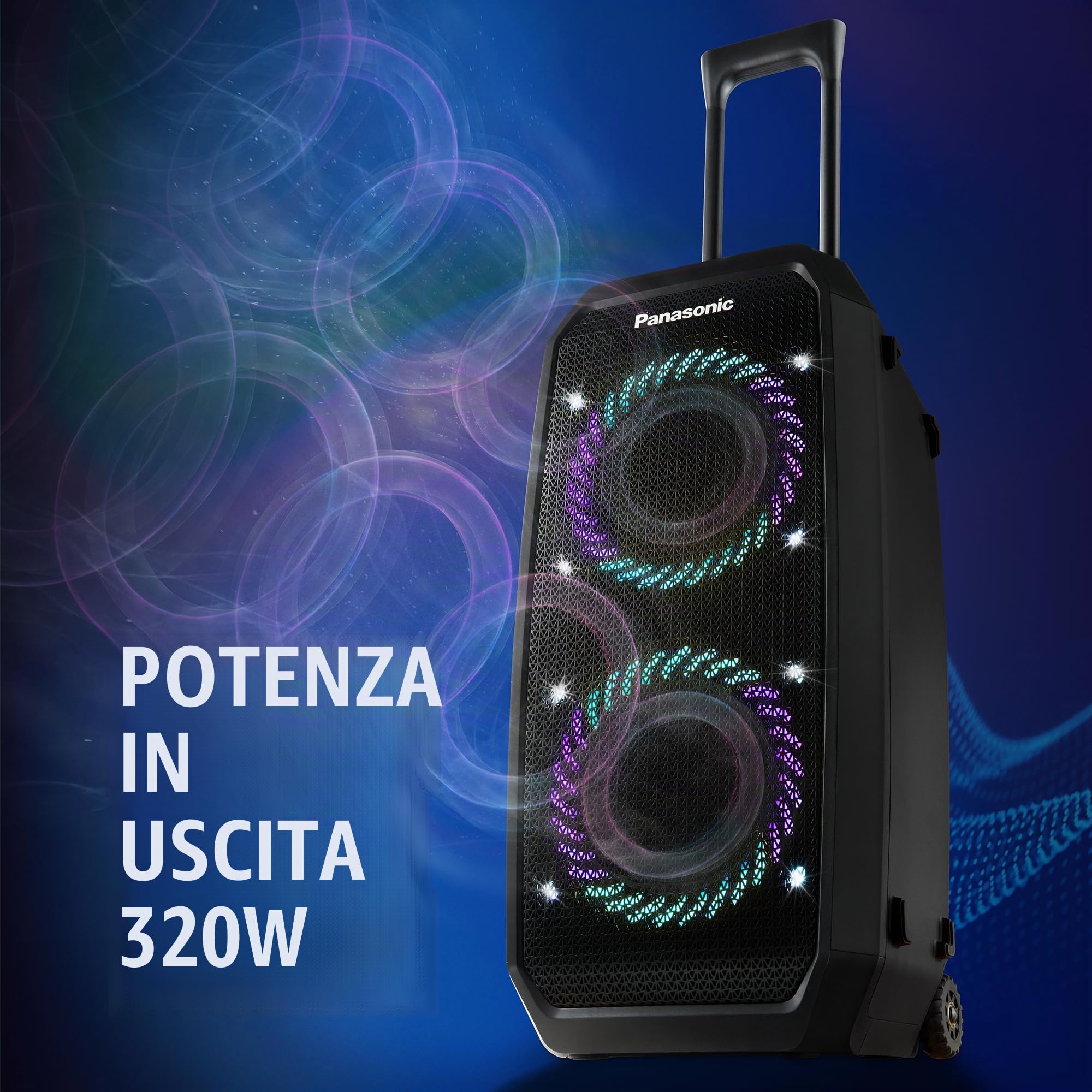 Panasonic SC-BMAX30 Altoparlante Portatile per Feste Bluetooth, Luci Integrate, Porta Bass Reflex, 320W, 14h Autonomia, USB, IPX4, Ingressi Chitarra e Microfono per Karaoke, Nero