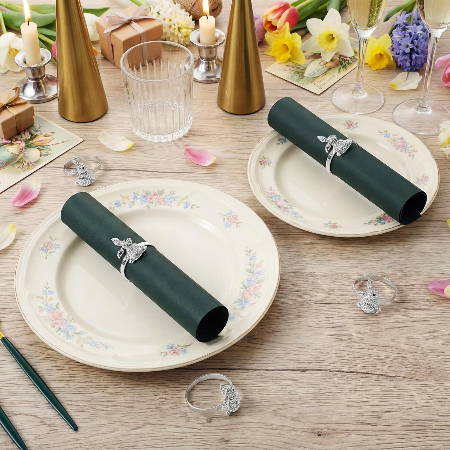 Remerry Easter Napkin Rings Set of 12 Silver Rabbit Bunny Metal Rhinestone Glitter Napkin Ring Holder Buckles for Easter Wedding Banquet Dinner Party Table Decoration