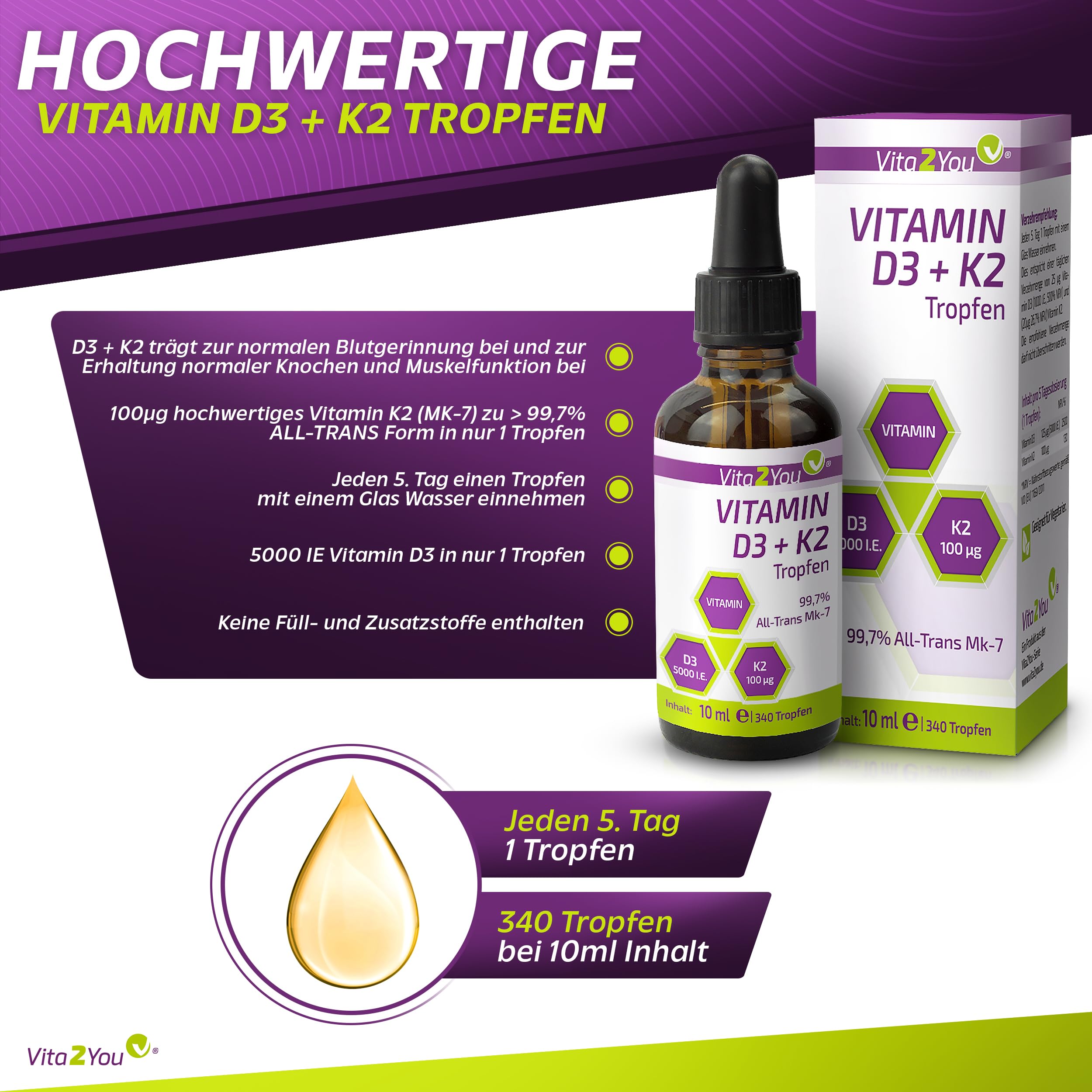 Vita2You Vitamin D3 + K2 Tropfen - Vitamin D3 5000 IE - Vitamin K2 100µg pro Tropfen - K2VITAL - MK-7-99,7% All-Trans - MCT-Öl - Premium Qualität - Made in Germany