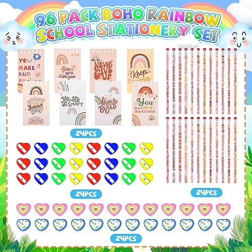 Miniatura 2 de Jspupifip Juego de 96 piezas de regalos inspiradores, 24 mini cuadernos de arcoíris, 24 lápices coloridos y lindos, 24 borradores de arco iris, 24