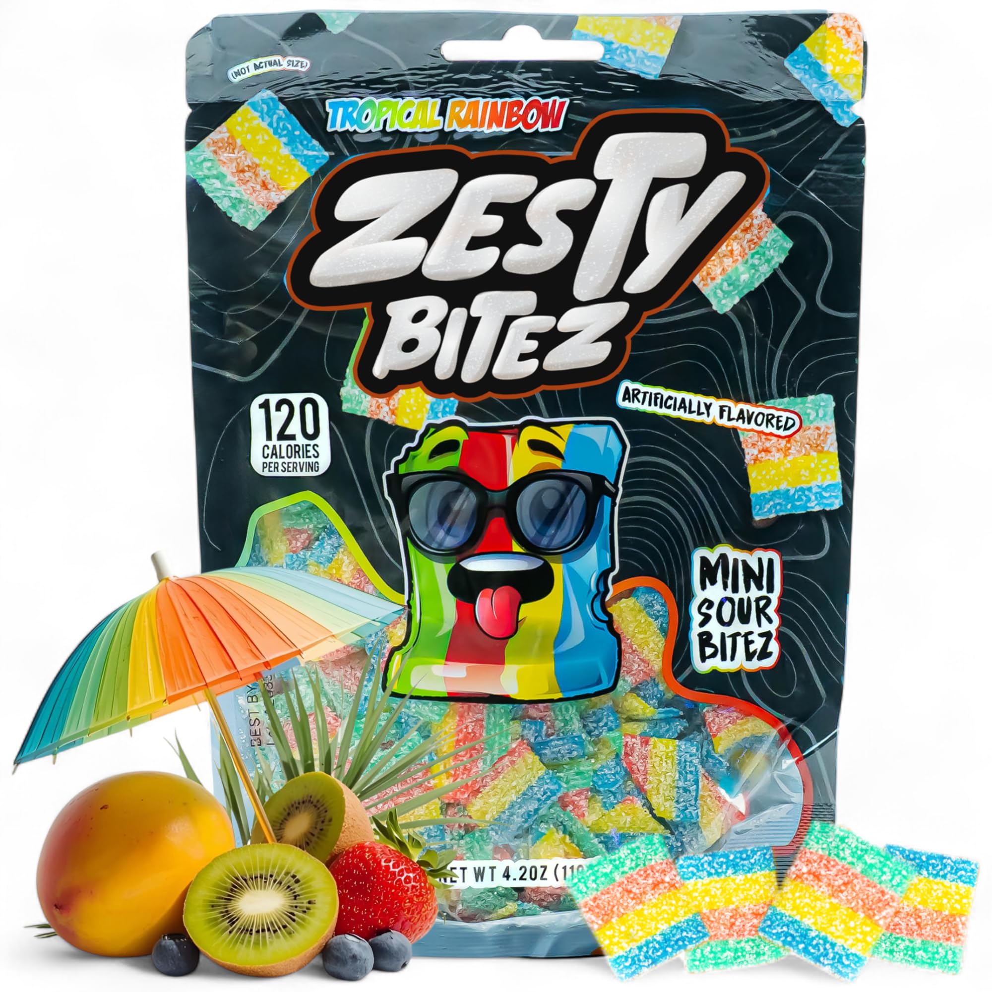 Zesty Bitez - Sour Candy Belts - Vegan Candy Strips, Super Sour Gummies - Mouth Puckering Sweet Candies for Adults & Kids - Resealable Pouch 4.2oz - Tropical Rainbow by Finatic