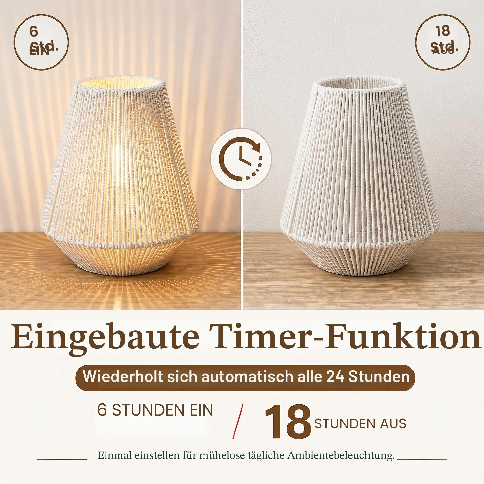 JHY DESIGN Set mit 2 gewebten Lampenschirmen Tischlampen 21 cm hoch Baumwollseil Nachttischlampen Kabellose dekorative batteriebetriebene Lampen mit 6-Stunden-Timer für Schlafzimmer Wohnzimmer