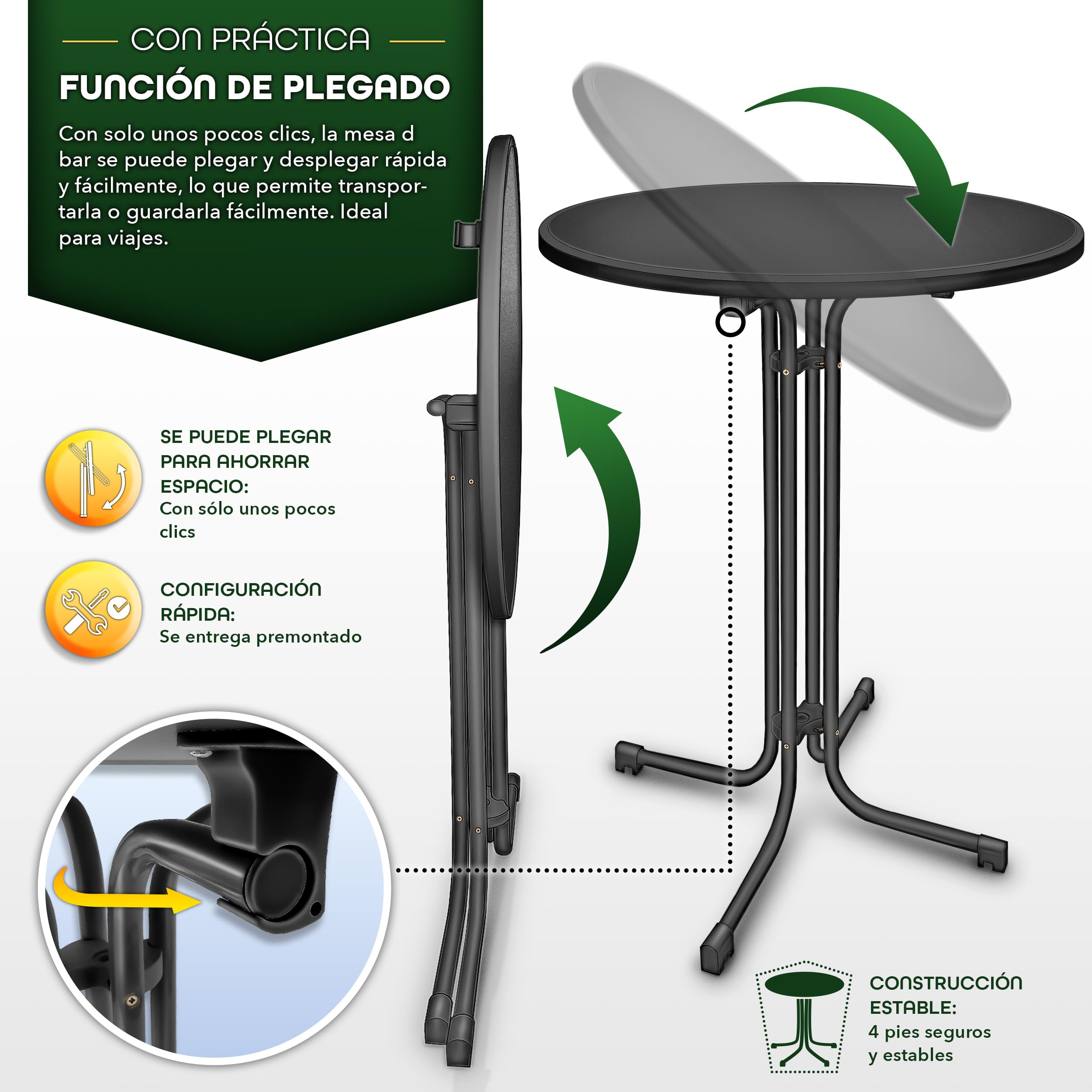 tillvex® Juego de 2 mesas altas plegables Ø70 con funda | Mesa plegable redonda – resistente a la intemperie | Mesa de jardín para interior y exterior