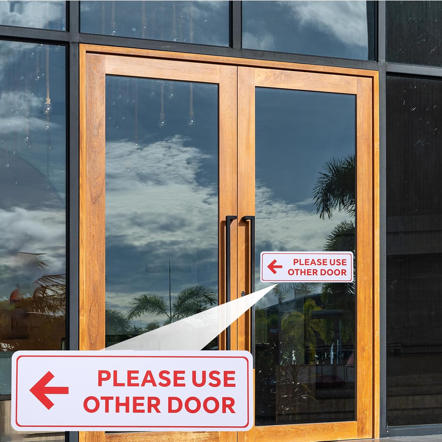YOKIVE Please Use Other Door Sign, ABS Plastic Self-Adhesive Use Other Door Sign Sticker with Arrow, Great for Business Office Entrance Stores(White/Red, 9 x 3.-Inch)