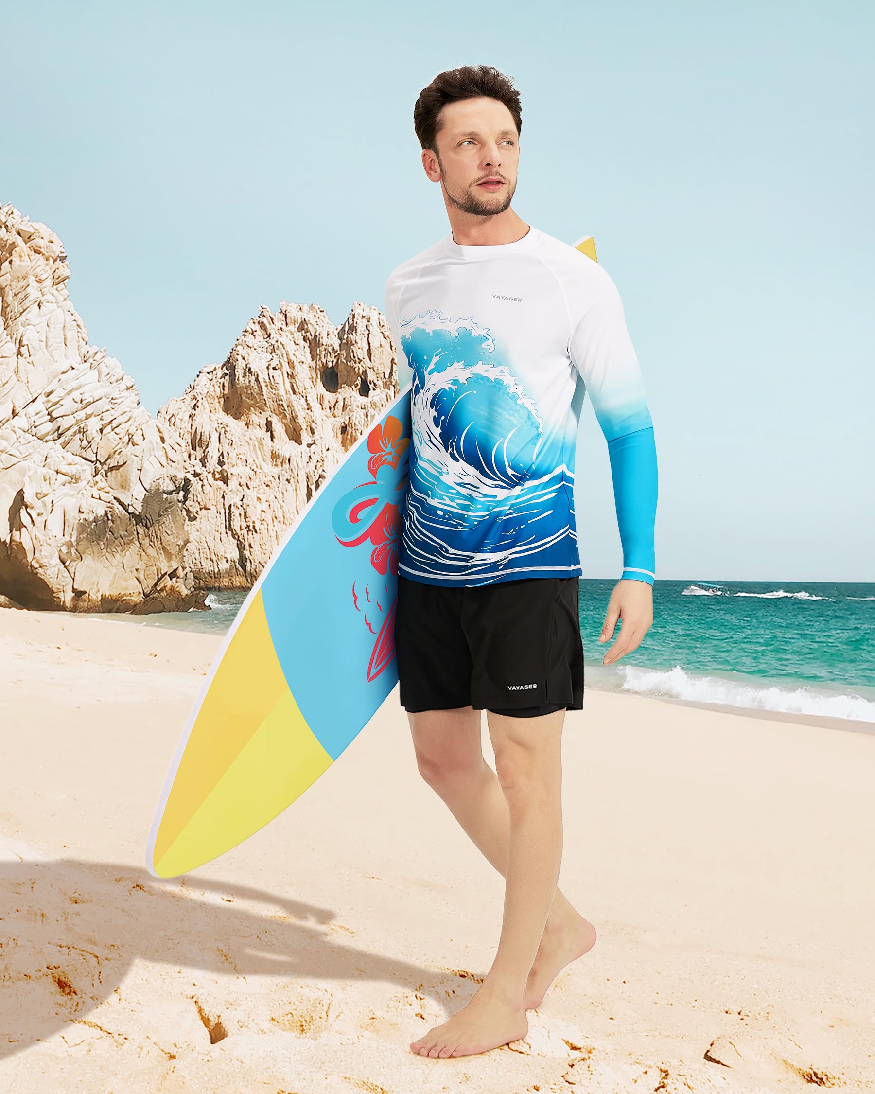 VAYAGER Camiseta de natación para hombre, protección solar UV UPF 50+, de secado rápido, camiseta de manga corta, camiseta de surf para pesca y playa